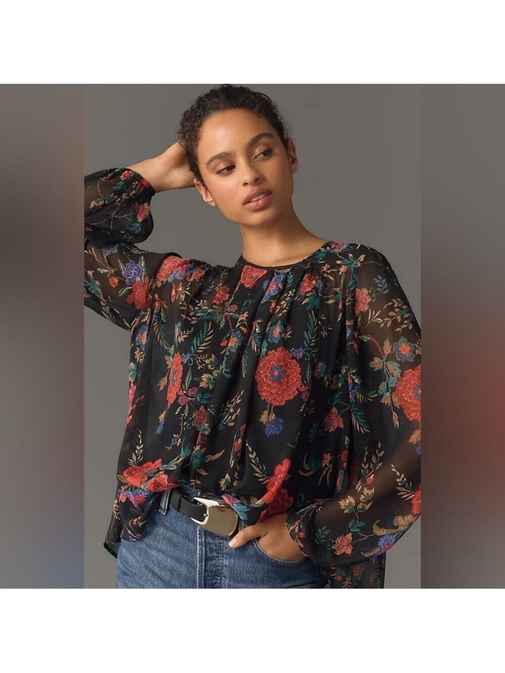 Maeve long sleeve pleated peasant blouse - sheer black floral / small